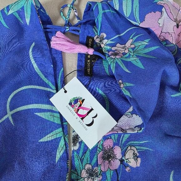 America & Beyond L Blue Boho Coverup Dress High Split Summer Beach Vacation Tie - Picture 5 of 10